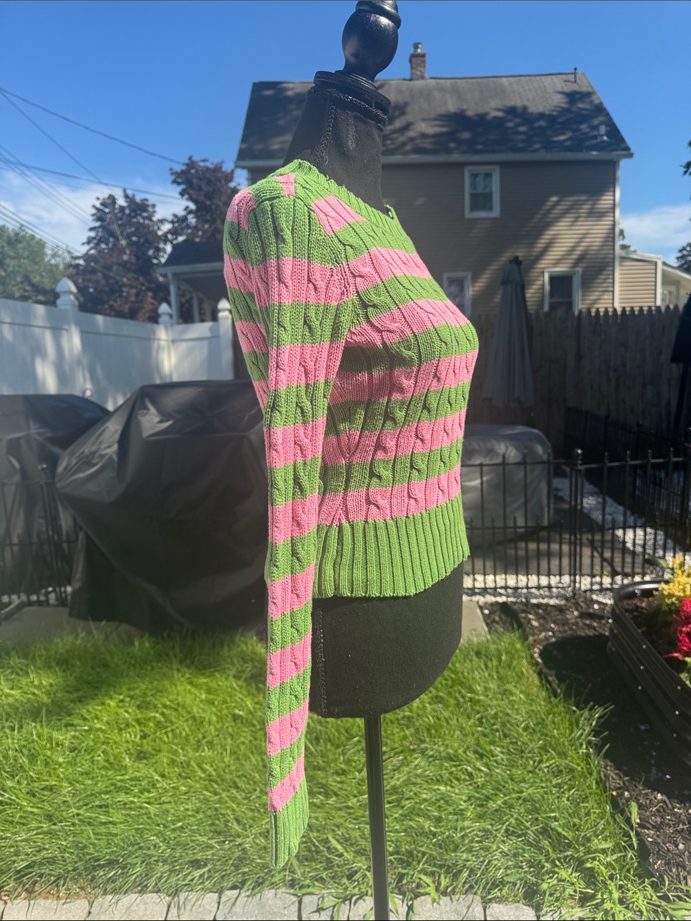 Aero Striped Cable-Knit Scoop Neck Sweater - Pink & Green - Picture 8 of 8